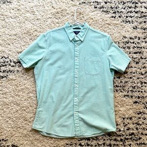 Men’s 1901 by Nordstrom Green/White Stripe Short Sleeve Seersucker (L, Trim Fit)